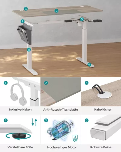 SONGMICS elektromosan állítható magasságú íróasztal fehér-bézs színben memóriafunkcióval