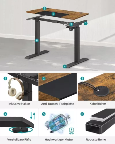 SONGMICS Állítható Magasságú Elektromos Íróasztal Vintage Barna-Fekete
