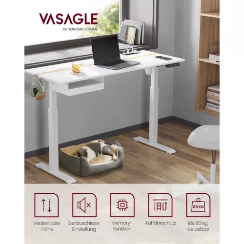 VASAGLE Smart Elektromos Állítható Magasságú Íróasztal Beépített Konnektorral Fehér