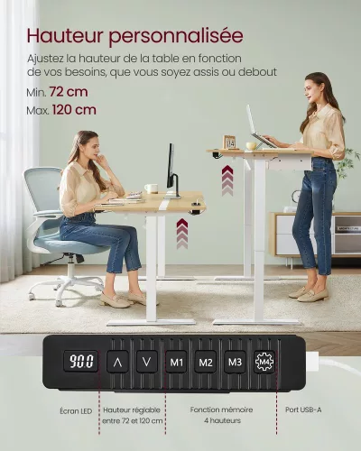 VASAGLE Elektromos Állítható Magasságú Íróasztal Természetes Tölgy-Fehér 160 cm Fiókkal