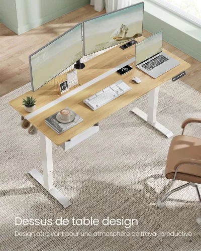 VASAGLE Elektromos Állítható Magasságú Íróasztal Természetes Tölgy-Fehér 160 cm Fiókkal