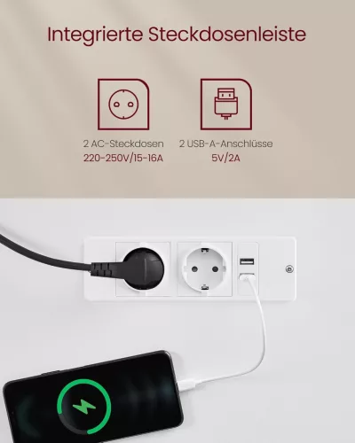 VASAGLE LSD116W01 Elektromos Állítható Magasságú Íróasztal Beépített Aljzattal Felhőfehér/Arany Tölgy
