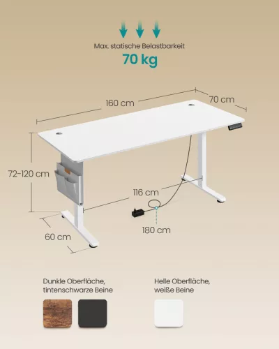 SONGMICS LSD138W01 elektromosan állítható magasságú íróasztal 180 x 80 cm memóriafunkcióval felhőfehér