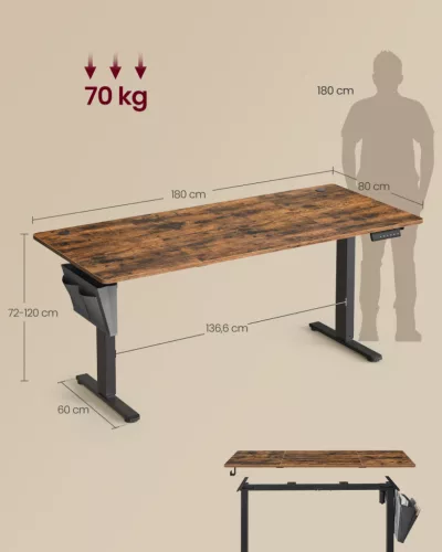 SONGMICS elektromosan állítható magasságú íróasztal 180 x 80 cm vintage barna memóriafunkcióval