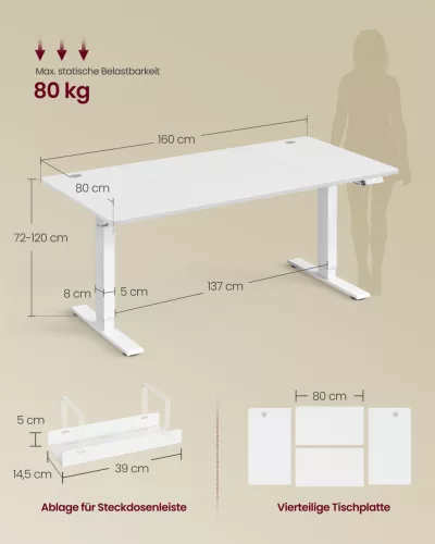 VASAGLE LSD146WZ02 Elektromosan Állítható Magasságú Álló Asztal 160 x 80 cm USB-C Porttal Matt Fehér