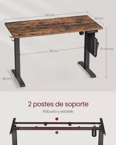 VASAGLE LSD172X01 elektromos magasságállítható íróasztal forgácslap acél Oxford szövet vintage barna 120 cm