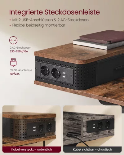 VASAGLE LSD182X01 elektromosan állítható magasságú íróasztal monitortartóval vintage barna 120 x 60 x 72-120 cm
