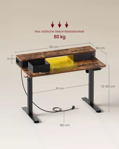 VASAGLE LSD182X01 elektromosan állítható magasságú íróasztal monitortartóval vintage barna 120 x 60 x 72-120 cm