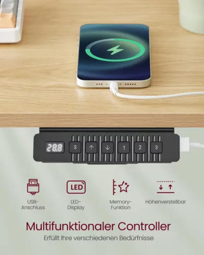 VASAGLE Smart Elektromos Állítható Magasságú Íróasztal Monitortartóval Szalmasárga