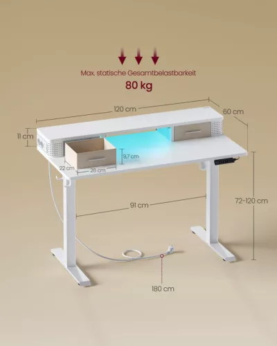 VASAGLE LSD182W01 elektromosan állítható magasságú íróasztal monitortartóval felhőfehér