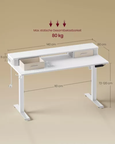 VASAGLE Smart Elektromos Állítható Magasságú Íróasztal Monitortartóval Felhőfehér