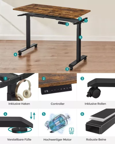 SONGMICS Állítható Magasságú Elektromos Íróasztal Vintage Barna-Fekete