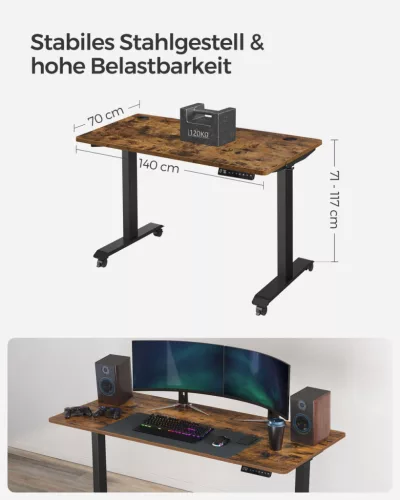 SONGMICS Elektromos Állítható Magasságú Íróasztal Vintage Barna-Fekete