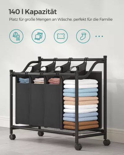 SONGMICS gurulós szennyeskosár 4 kivehető táskával 140L fekete