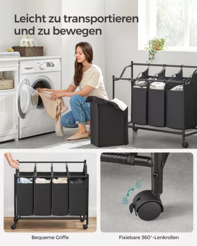 SONGMICS gurulós szennyeskosár 4 kivehető táskával 140L fekete