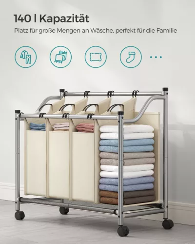 SONGMICS Gurulós Szennyestartó Kocsi 4 Kivehető Zsákkal Bézs