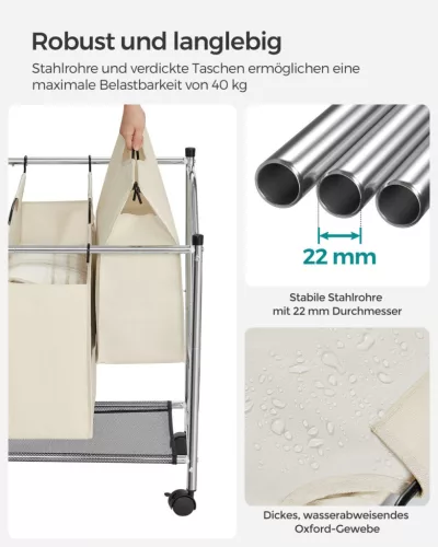 SONGMICS Gurulós Szennyestartó Kocsi 4 Kivehető Zsákkal Bézs
