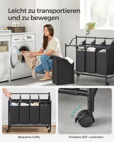 SONGMICS Gurulós Szennyestartó Kocsi 4 Kivehető Zsákkal Fekete
