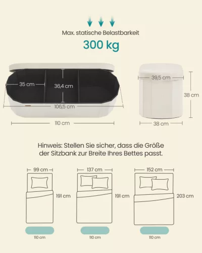 SONGMICS LSF297LH01 tároló puff bársony krémfehér 110 L