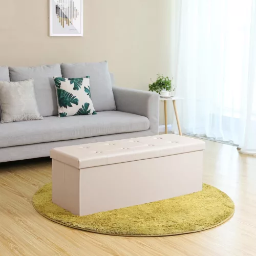 SONGMICS Nagy Méretű Tárolós Ülőpad 110 cm Bézs PU Bőr Összecsukható