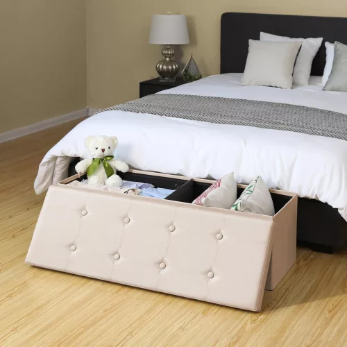 SONGMICS Nagy Méretű Tárolós Ülőpad 110 cm Bézs PU Bőr Összecsukható