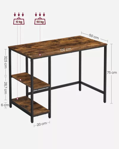 VASAGLE LWD046B01 számítógépes íróasztal 2 polccal vintage barna/fekete ipari design