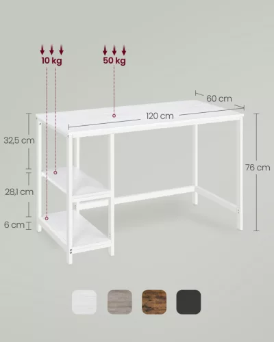 VASAGLE LWD047W44 íróasztal 2 polccal acél vázzal juharfehér