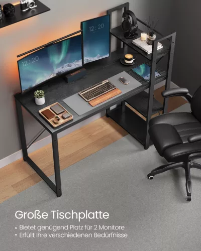 VASAGLE Ipari Számítógépasztal Tárolópolcokkal 120 cm Ébenfekete