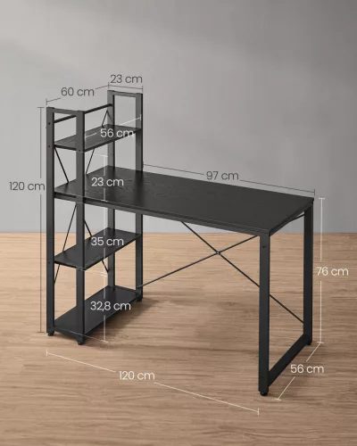 VASAGLE Ipari Számítógépasztal Tárolópolcokkal 120 cm Ébenfekete