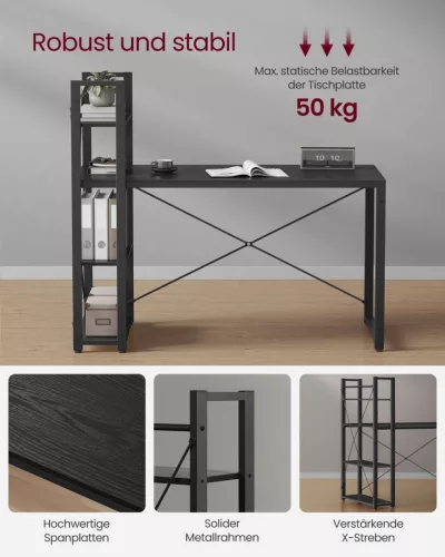 VASAGLE Számítógépasztal Polcrendszerrel Ipari Stílus Ébenfa Fekete 137,2 cm