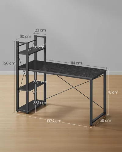 VASAGLE Számítógépasztal Polcrendszerrel Ipari Stílus Ébenfa Fekete 137,2 cm