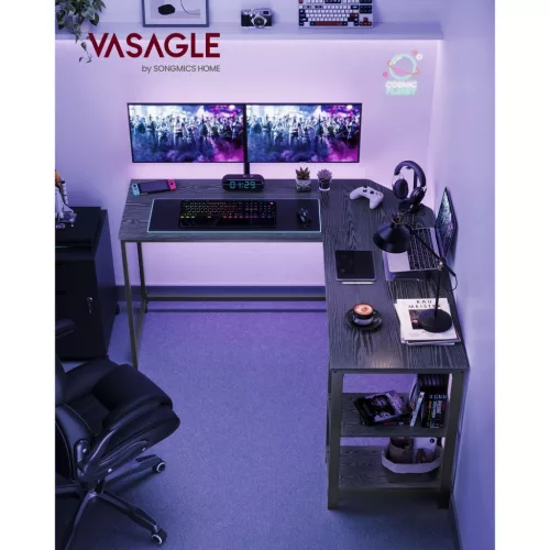 VASAGLE L-alakú Sarok Íróasztal Fekete Faerezetes Gaming és Munkavégzéshez