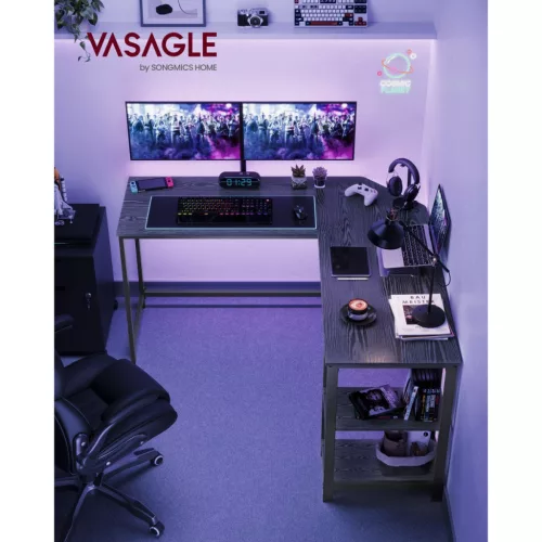 VASAGLE L-alakú sarokíróasztal 138 x 138 x 76 cm gaming asztal 2 tárolópolccal fekete famintás