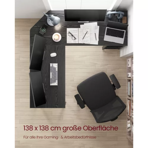 VASAGLE L-alakú sarokíróasztal 138 x 138 x 76 cm gaming asztal 2 tárolópolccal fekete famintás