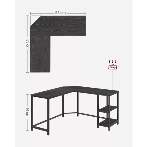 VASAGLE L-alakú sarokíróasztal 138 x 138 x 76 cm gaming asztal 2 tárolópolccal fekete famintás