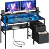 VASAGLE Gamer Íróasztal LED Világítással és Monitortartóval Ébenfa Fekete