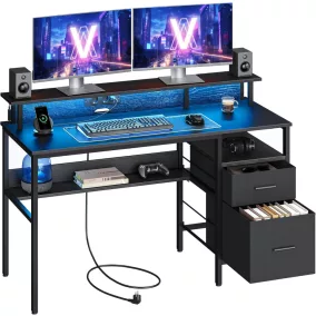   VASAGLE Gamer Íróasztal LED Világítással és Monitortartóval Ébenfa Fekete