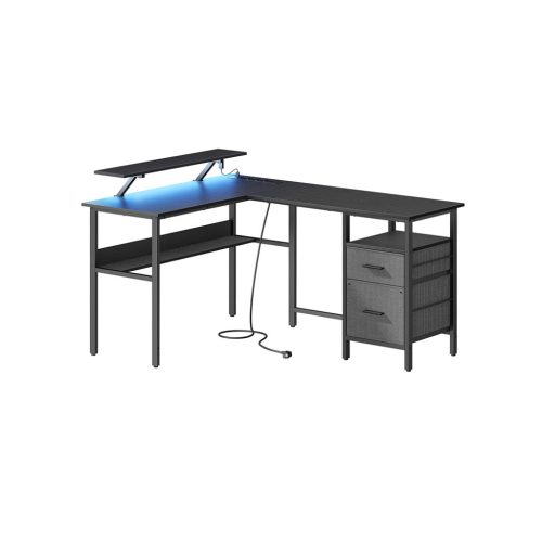 VASAGLE L-alakú Gamer Íróasztal LED Világítással és Monitortartóval Fekete LWD095B01