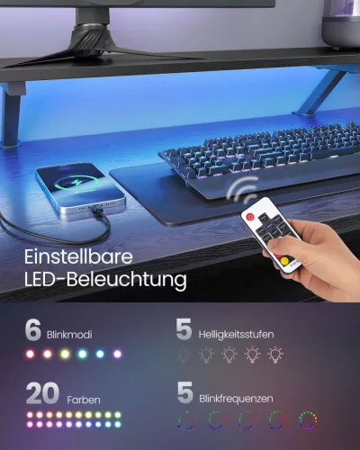 VASAGLE L-alakú Gamer Íróasztal LED Világítással és Monitortartóval Fekete LWD095B01