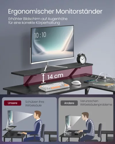 VASAGLE L-alakú Gamer Íróasztal LED Világítással és Monitortartóval Fekete LWD095B01