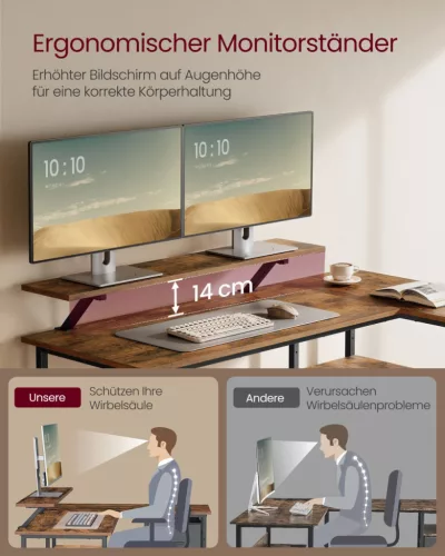 VASAGLE L-alakú sarok íróasztal 2 fiókkal és monitortartóval rusztikus barna
