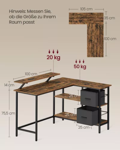 VASAGLE L-alakú sarok íróasztal 2 fiókkal és monitortartóval rusztikus barna