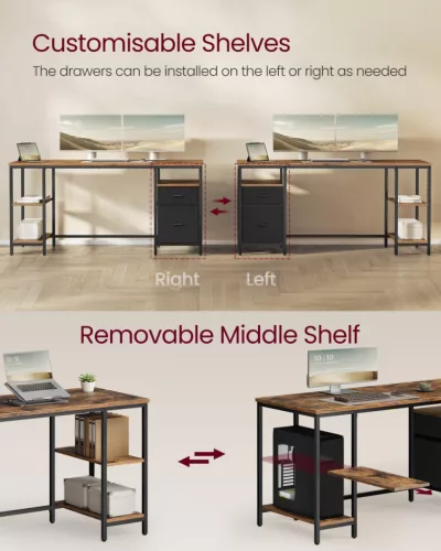 VASAGLE LWD105K01 számítógépes íróasztal 3 polccal és 2 fiókkal 160 x 60 x 76 cm rusztikus barna és matt fekete