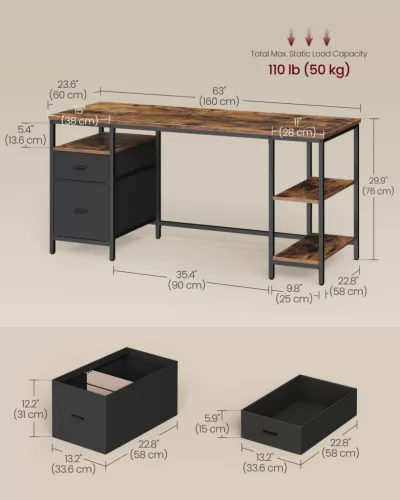 VASAGLE LWD105K01 számítógépes íróasztal 3 polccal és 2 fiókkal 160 x 60 x 76 cm rusztikus barna és matt fekete