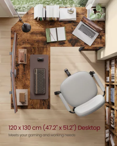 VASAGLE L-alakú sarokíróasztal 120 x 130 x 76 cm 2 tárolópolccal rusztikus barna és fekete