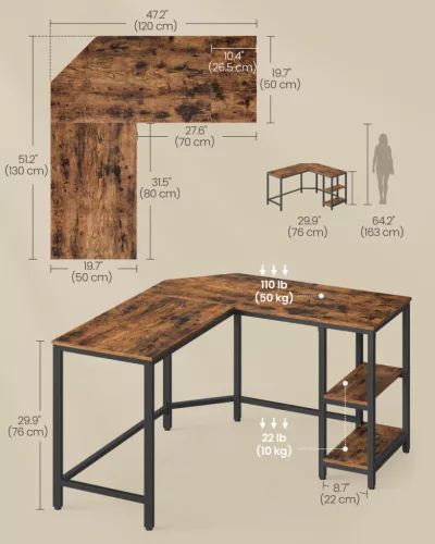 VASAGLE L-alakú sarokíróasztal 120 x 130 x 76 cm 2 tárolópolccal rusztikus barna és fekete