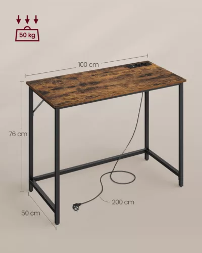 VASAGLE LED Gamer Íróasztal Beépített Elosztóval Vintage Barna-Fekete