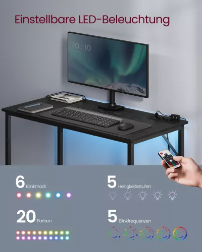 VASAGLE LED Gaming Íróasztal Kompakt Fekete