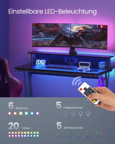 VASAGLE Gaming Desk LED-es gamer asztal beépített elosztóval és monitortartóval fekete 120 x 60 x 76 cm