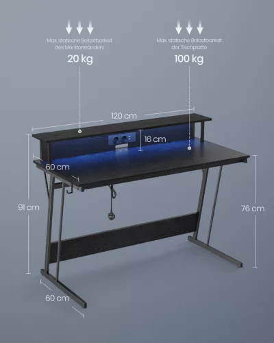 VASAGLE Gaming Desk LED-es gamer asztal beépített elosztóval és monitortartóval fekete 120 x 60 x 76 cm